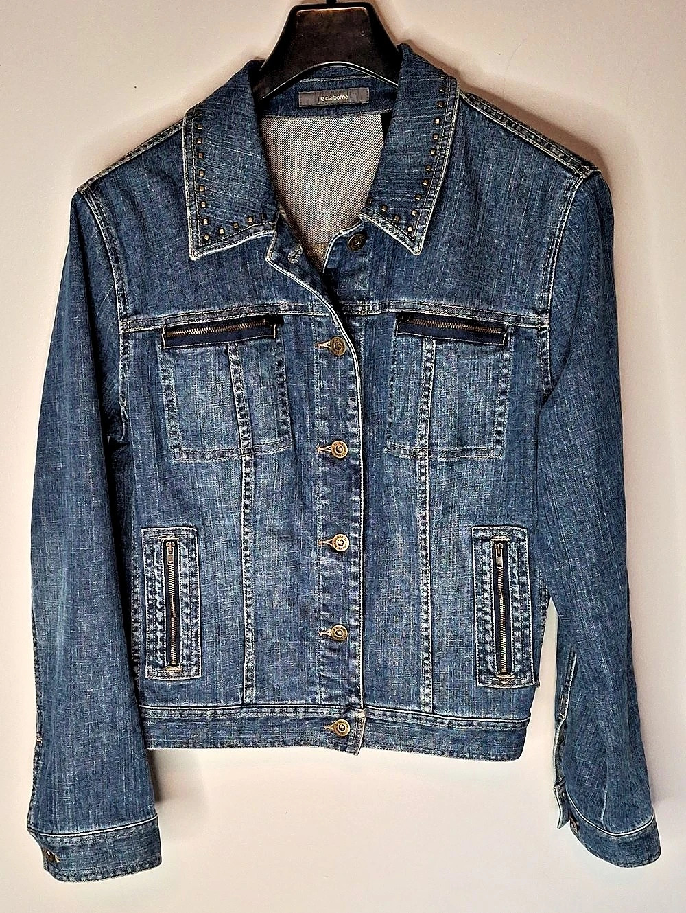 Liz Claiborne Vintage Studded Blue Denim Jean Jacket with Zipper Pockets